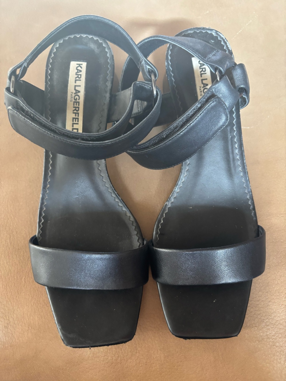 Karl Lagerfeld Black Leather Block Heel minimalist Sandals - Picture 2 of 7